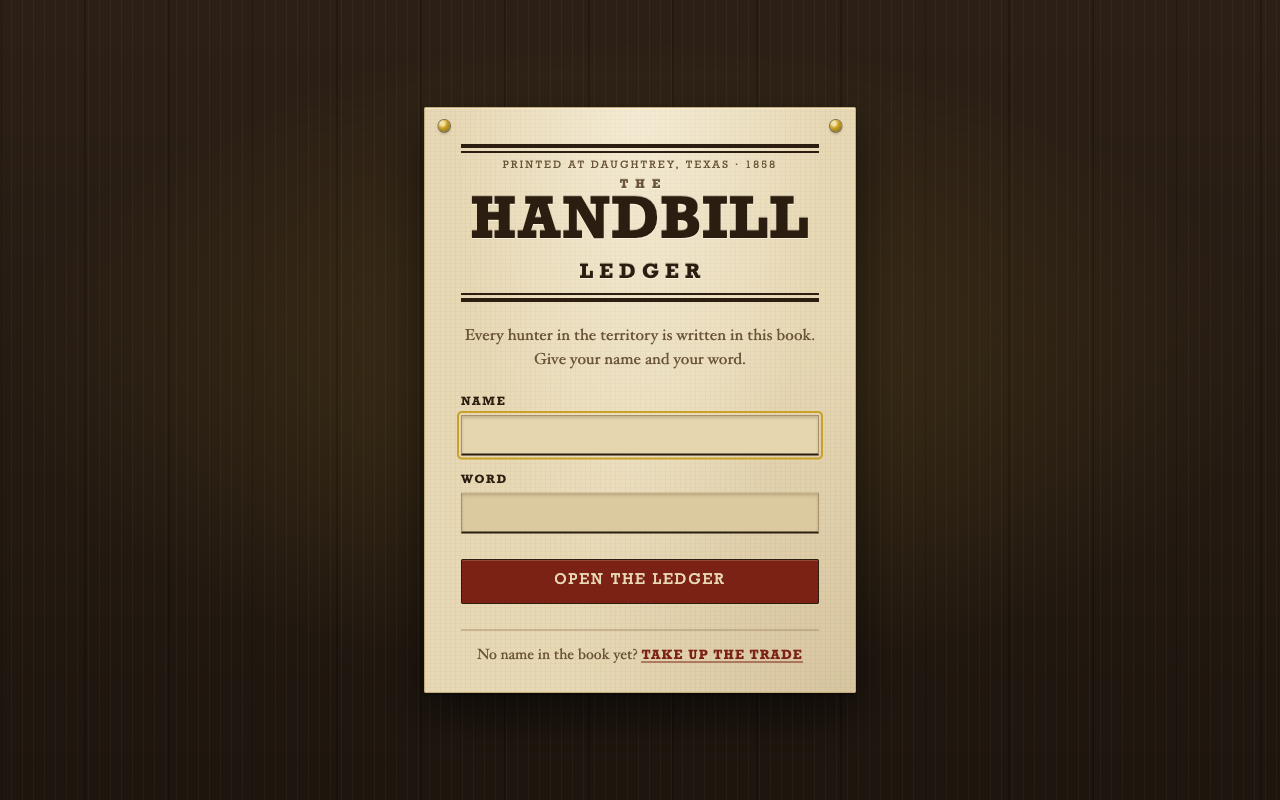 Login page styled as a wanted handbill nailed to a dark wood wall