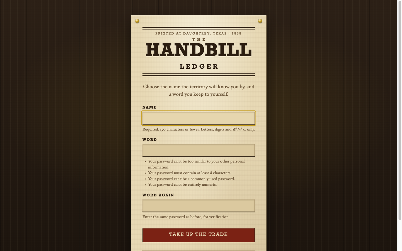 Signup page with password rules rendered in the handbill style