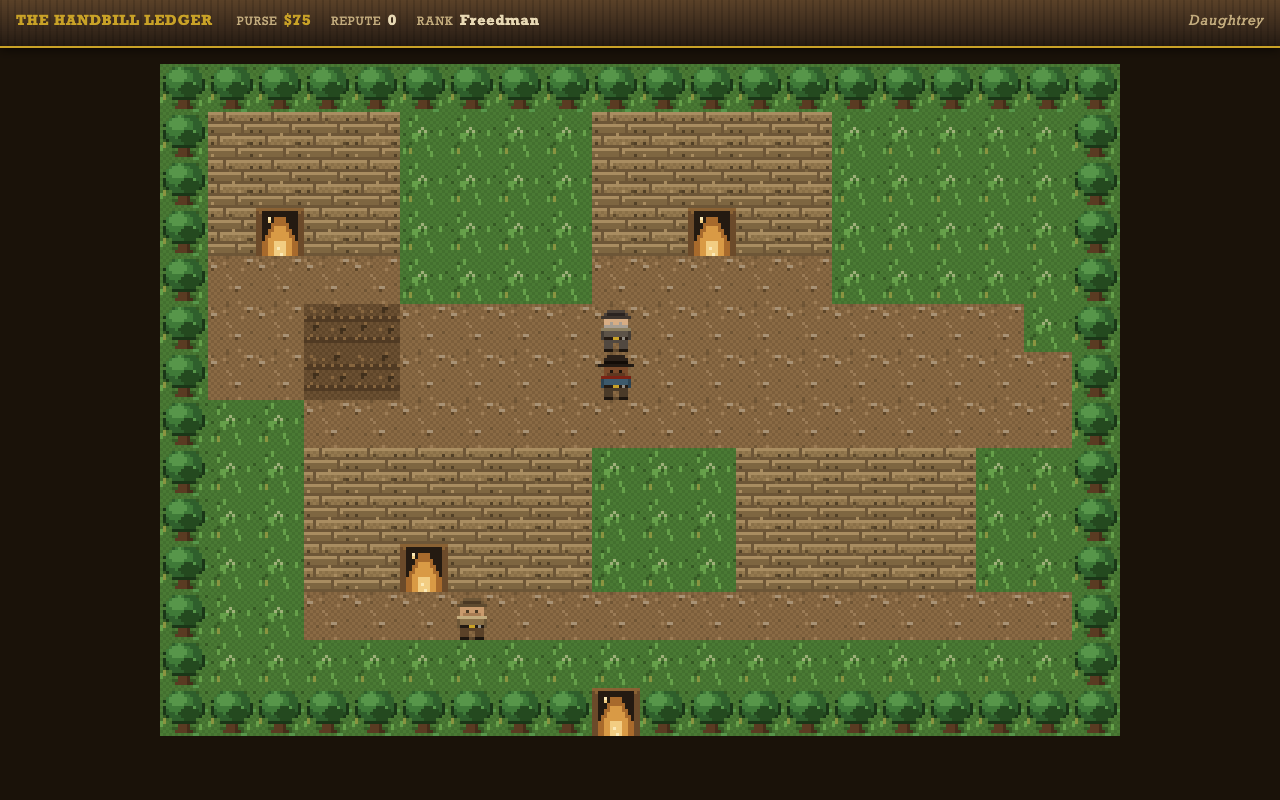The pixel-art town of Daughtrey with HUD showing $75 and rank Freedman