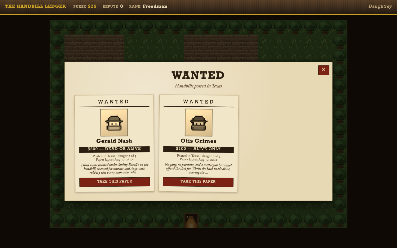 The marshal's office wanted board with two posters, portraits, and reward bands