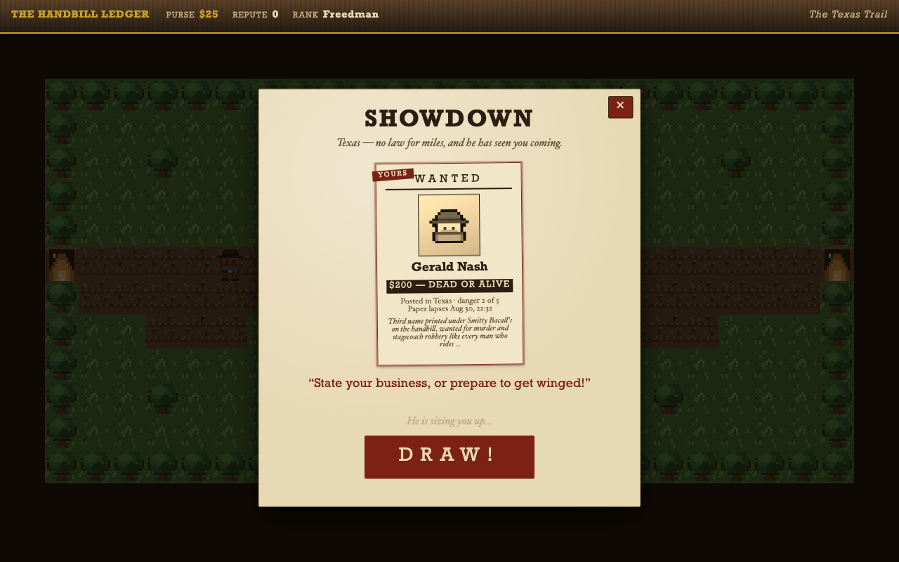 The showdown panel: a taunt, the pinned poster, and the DRAW moment