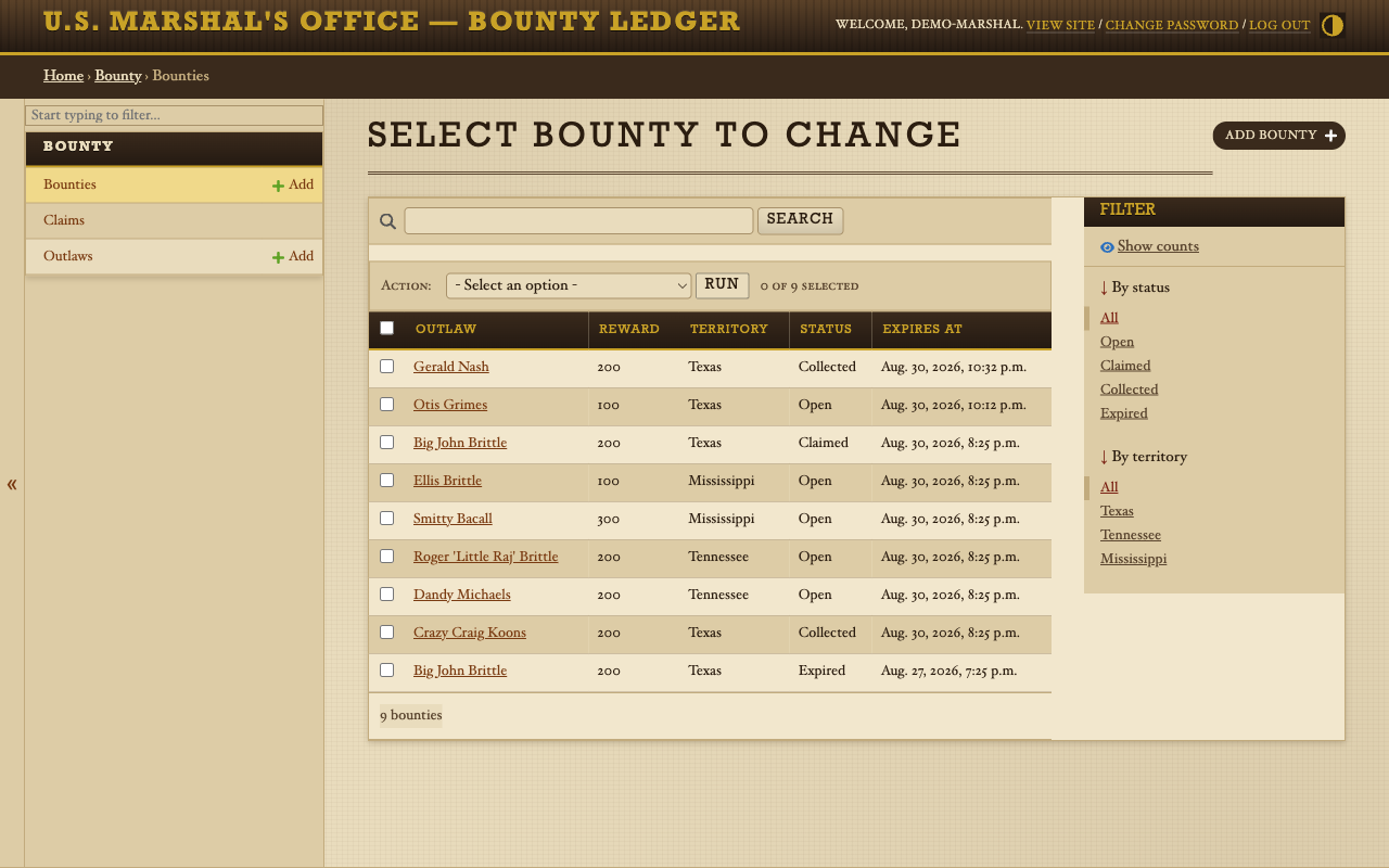 The reskinned second AdminSite: parchment ledger of bounties with filters and actions