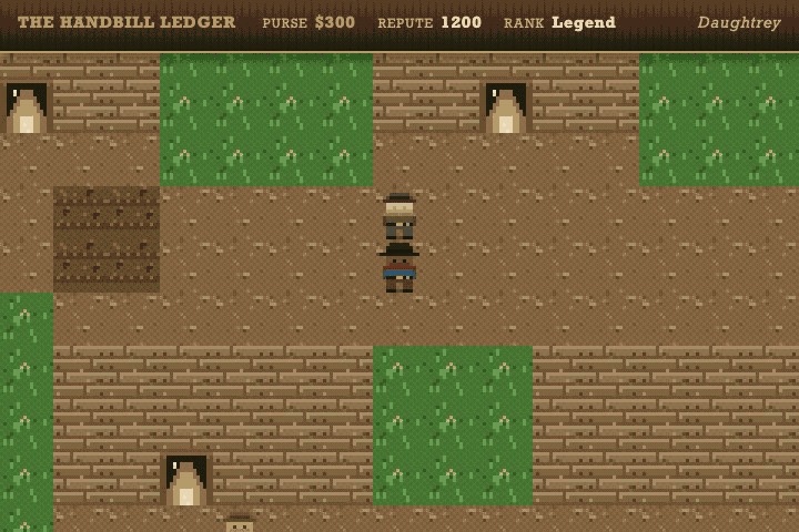 Animated capture of the game: a hunter walking the pixel-art town of Daughtrey, opening the wanted board, and claiming a handbill